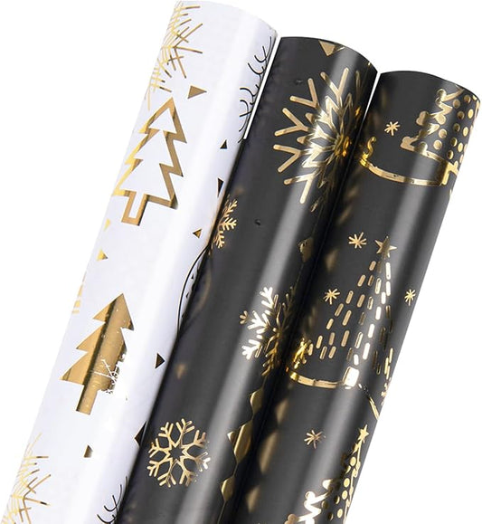 Linnoptimix Christmas Wrapping Paper Rolls -3 LARGE ROLL-27inch*78 inch per roll Colorful Foil (Christmas 2 Black/Gold + 1 White/Gold（003）)