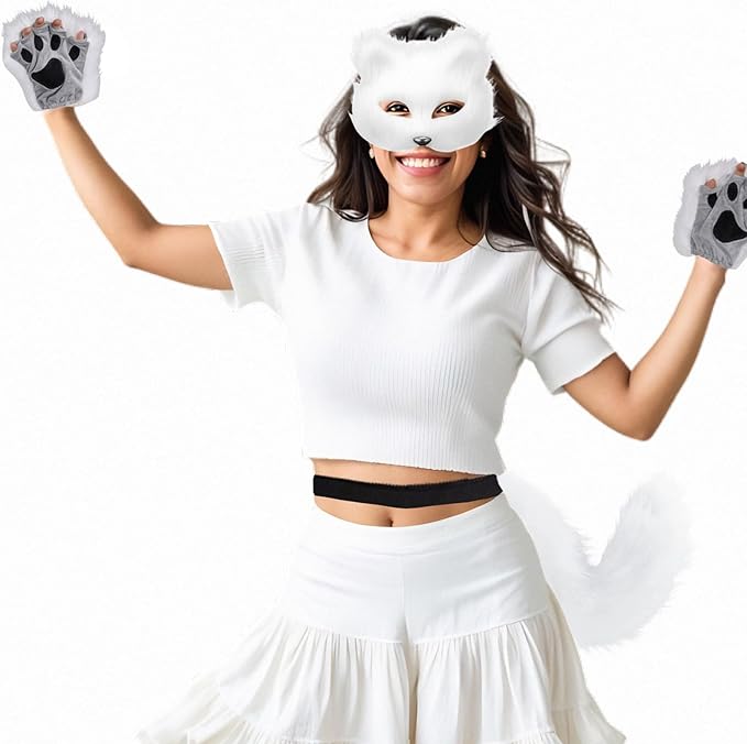 4 Pcs Faux Fur Fox Tail Cat Wolf Cosplay Costume Set for Men Women Therian Mask Paw and Tail Set for Halloween Christmas Party, a Fox Mask, a Pair of Paw Gloves and a Tail (White)