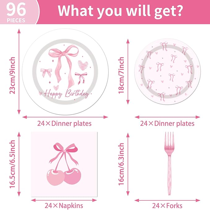96PCS Pink Bow Plates and Napkins Party Supplies Coquete Birthday Decorations Pink Bow Party Decorations Disposable Bow Themed Tableware Set for Girl Women Serve 24 Guests