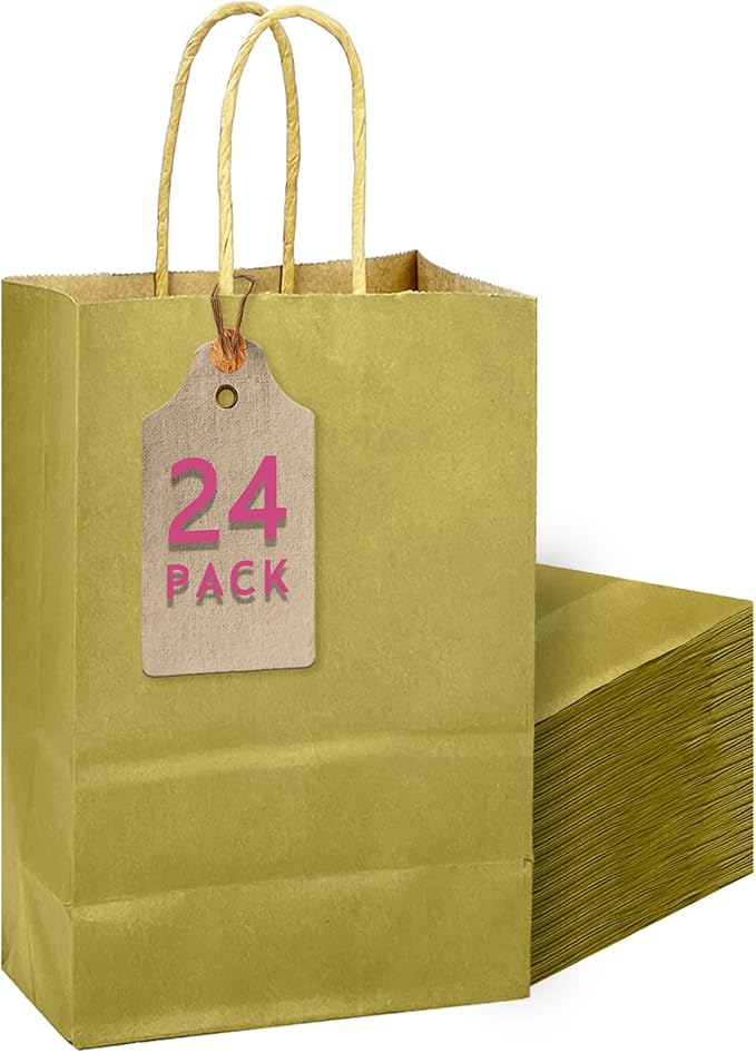 qiqee Grass Green Gift Bag with Handles Bulk 24Pcs Paper Bags -10.6"x8.3"x4.3"Party Favor Bags - Solid Color