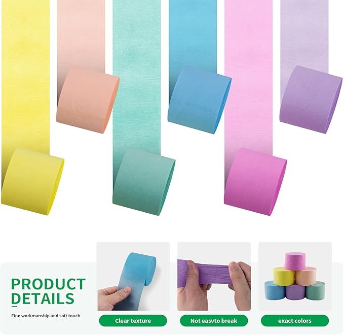 Large Crepe Paper Streamers 6 Rolls 2.2 Inch x 123 Ft/Roll Party Streamers for Party Backdrop Craft Tissue Paper Decorations Wedding Birthday Graduation Decor DIY Supplies - Macaron