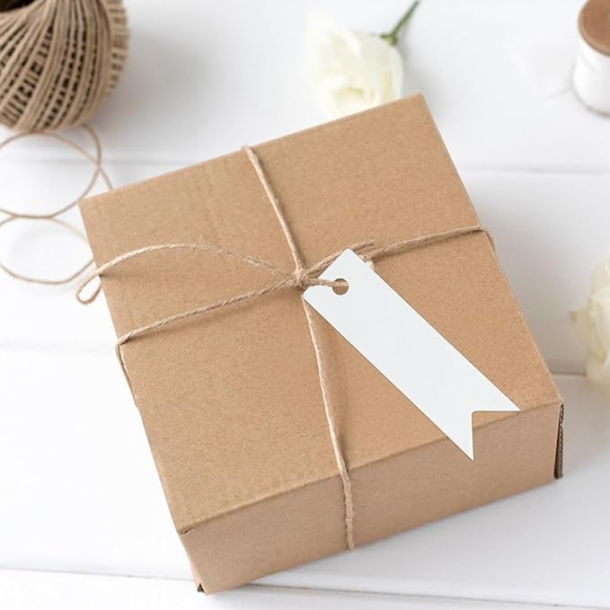 G2PLUS 100PCS Mini White Paper Gift Tags with String, 2.8x0.8 in Blank Paper Present Tag, White Hang Tag with Jute Twine for DIY Arts & Crafts, Businesses, Wedding, Christmas Party Favors