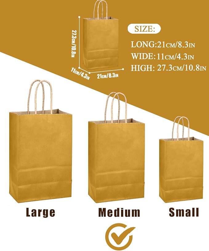 qiqee Mustard Yellow Gift Bag with Handles Bulk 24Pcs Paper Bags -10.6"x8.3"x4.3"Party Favor Bags - Solid Color