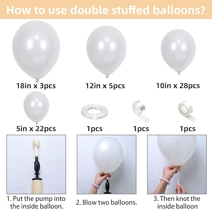 Pearl White Balloons Arch Double-Stuffed White Balloons Garland Ivory Balloon Different Sizes 18/12/10/5inch 61pcs Cream Beige Latex Balloons for Wedding Bridal Birthday Anniversary Decorations