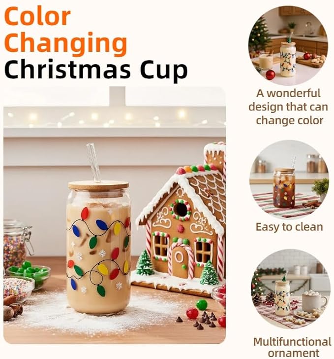 2026 Color Changing Christmas Cup,Color Changing Cups with Lids and Straws,18OZ Reusable Glass Lced Coffee Cups,Suitable for all Kinds of Cold Drinks,Surprises Christmas Gifts.