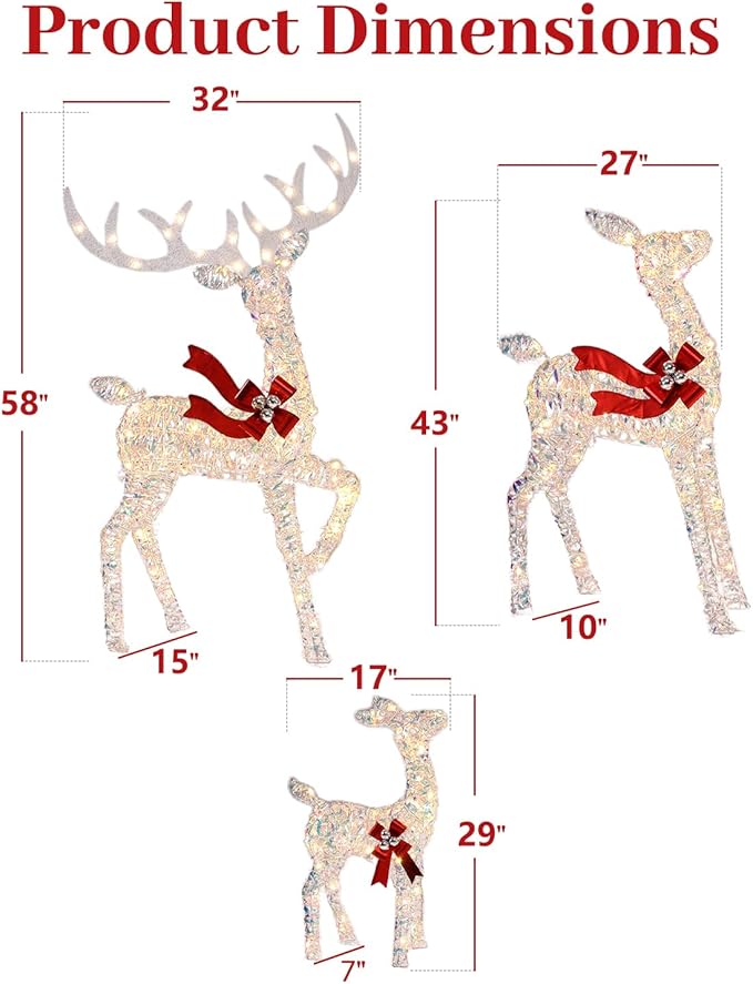 3-Piece Large Lighted Christmas Deer Family Set, Christmas Indoor and Outdoor Decoration with 225 Warm White LED Lights, Ground Pegs, Cable Ties. Suitable for Patio Lawn Garden Party-Colorful