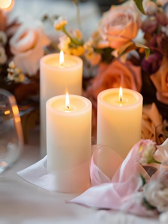 Ivory Pillar Candles, Set of 3, 70 Hour Long Burning, Unscented and Dripless Pillar Candles Bulk, Large (3x6 inch) for Christmas Lights, Wedding, Parties,Spa,Dinner Table, Home Decor