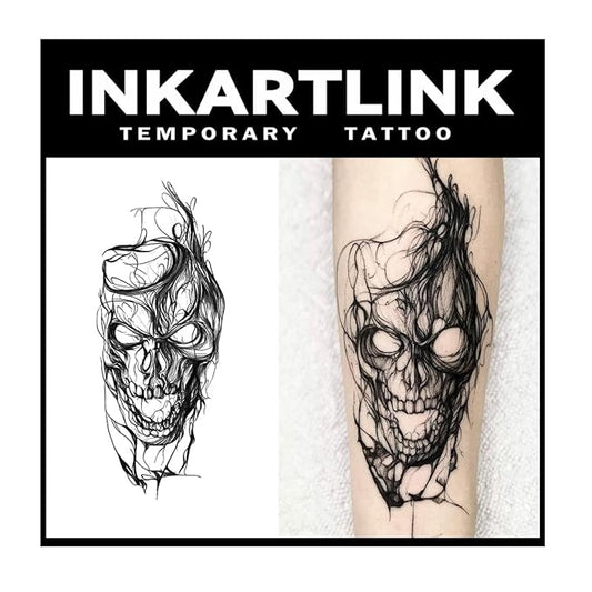 INKARTLINK Tattoo Tech, 2 Sheets Large Semi Permanent Tattoo, Adult Art Design Temporary Tattoos, Lasts 1-2 Weeks, Waterproof, Realistic Look, No Adhesive, No Reflection (Skull Head Design)
