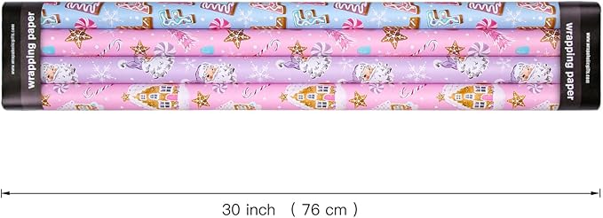 WRAPAHOLIC 30 Inch Christmas Wrapping Paper Roll - Jumbo Roll Pastel Pink Purple Gingerbread House and Santa Claus Design with Embossed - 4 Rolls - 30 Inch x 120 Inch Per Roll