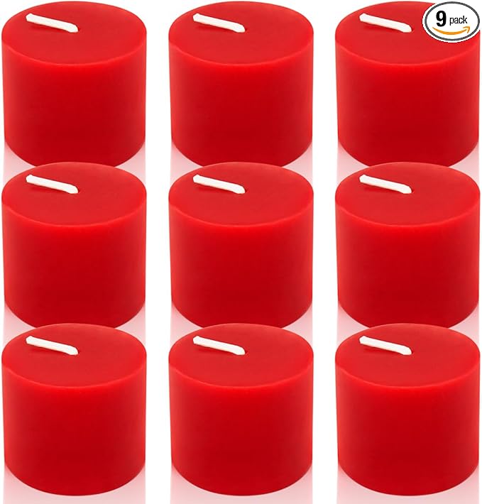 9 Packs Red Votive Candles, Small Unscented 1.5 Inch Wide by 1.25 Inch Tall Wax Burgundy Colored Candles for Christmas Wedding, Party, Table, Holiday & Home Decoration - 8 Hours Burn Time
