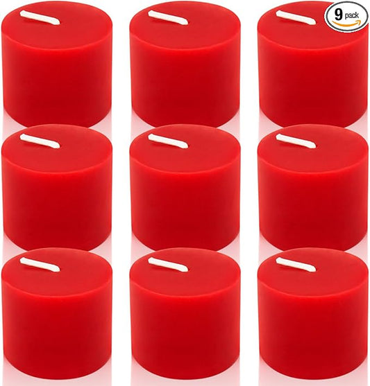 9 Packs Red Votive Candles, Small Unscented 1.5 Inch Wide by 1.25 Inch Tall Wax Burgundy Colored Candles for Christmas Wedding, Party, Table, Holiday & Home Decoration - 8 Hours Burn Time
