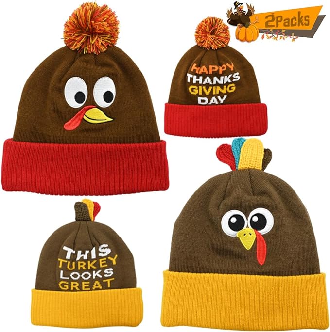 2PACK Thanksgiving Pom Pom Beanie Hats, Turkey Beanie Hat Running Hats Turkey Knitted Cap for Adults Thanksgiving Party Orange
