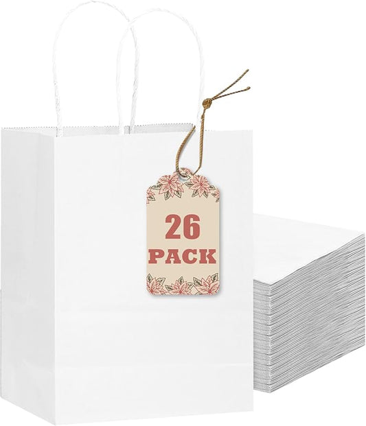 qiqee 26-Packs White Gift Bags with Handles Bulk 8.3"x3"x 6" Small Size Paper Bags Multiple Uses (Small Size)