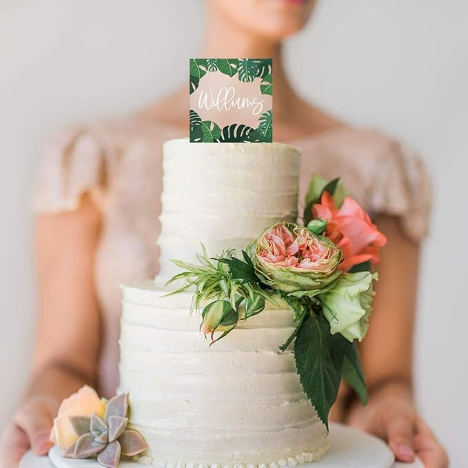 Andaz Press Tropical Greenery Last Name Custom Wedding Cake Topper, Acrylic Square Personalized Couple Cake Topper