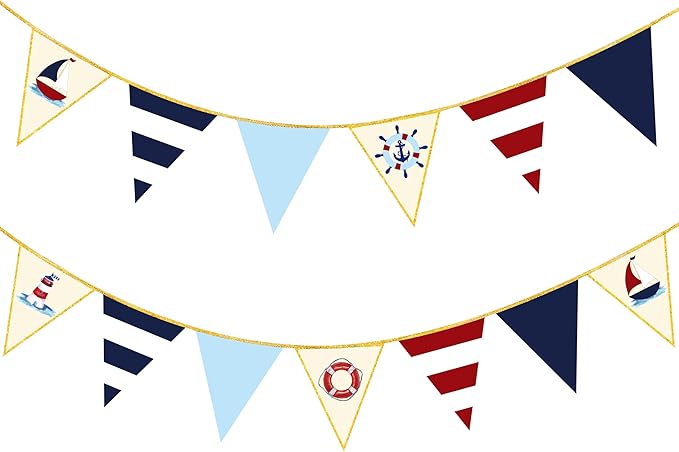 Navy Red Beige Gold Glitter Stamping Paper Pennant Banner Flag Triangle Bunting for Nautical Pirate Ahoy Achor Theme Birthday Baby Shower Wedding Let's Get Nauti Bachelorette Party Decoration Supplies
