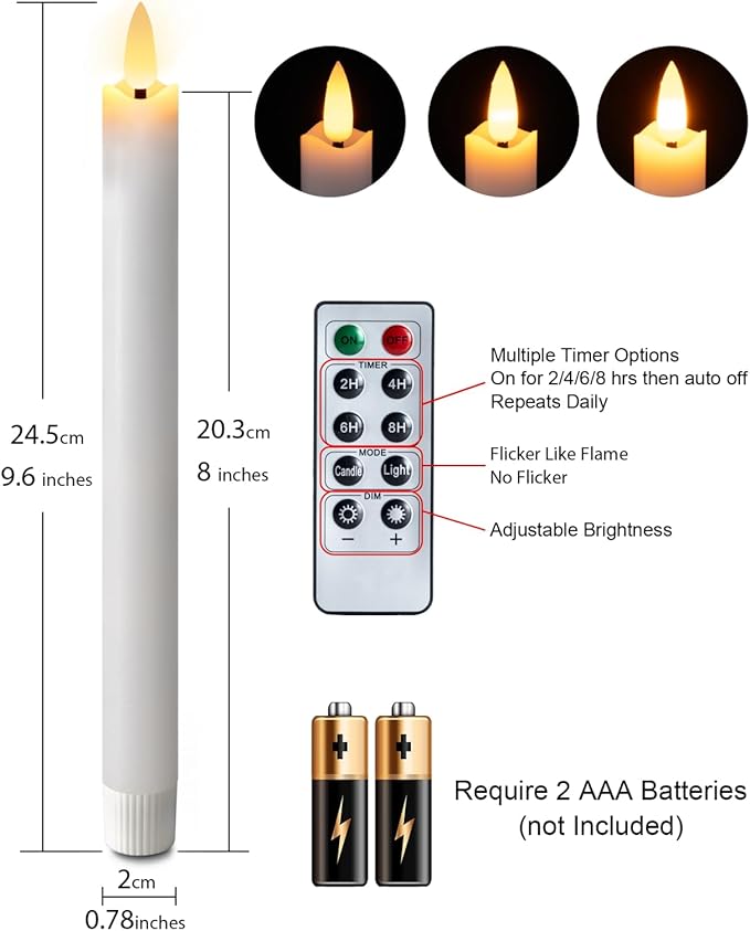 Homemory Waxy Flameless Taper Candles with Remote Timer Dimmer, Battery Operated Candlesticks Flickering, LED Window Candles Realistic, 9.6 Inches for Christmas Wedding Indoor Decor, White, 6 Pcs