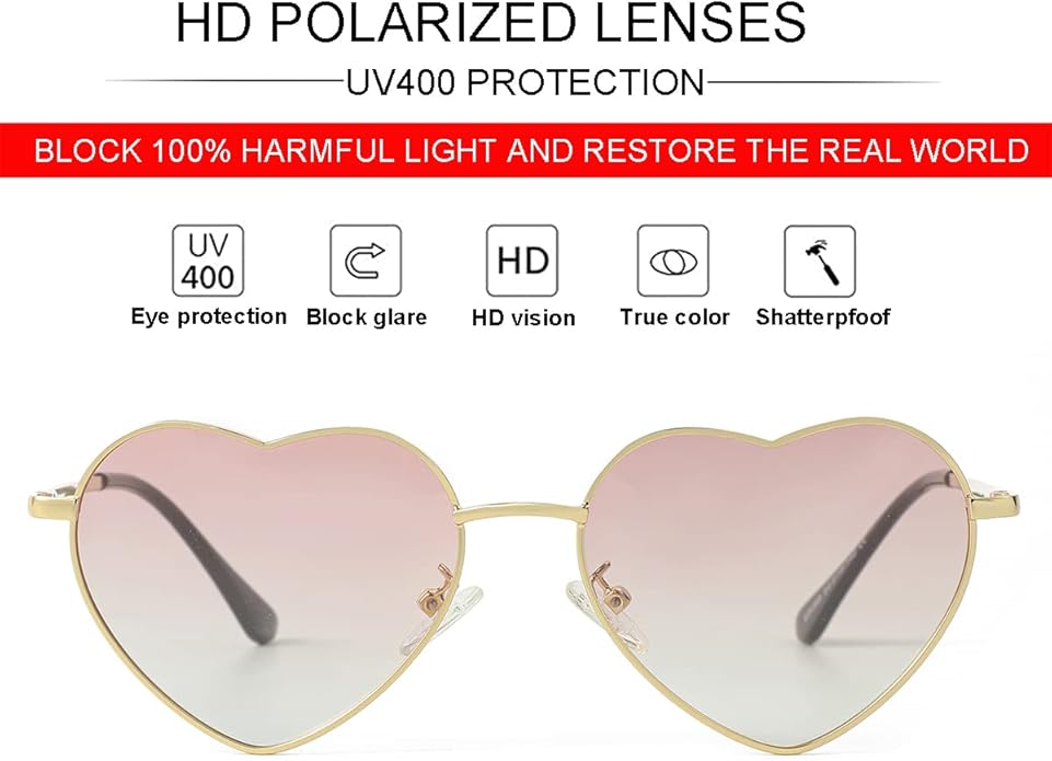 JOVAKIT Polarized Heart Sunglasses for Women Fashion Lovely Style Metal Frame UV400 Protection Lens