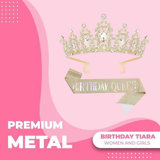 Birthday Tiara Crown with Sash for Women, Headband Hair Accessories for Wedding Party Costume