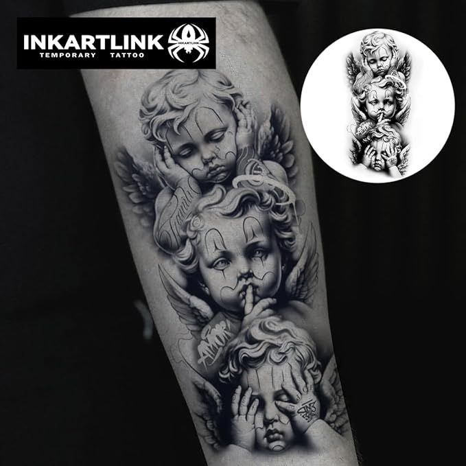 INKARTLINK Tattoo Tech, 2 Sheets Medium Semi Permanent Tattoo, Adult Art Design Temporary Tattoos, Lasts 1-2 Weeks, Waterproof, Realistic Look, No Reflection (angel)