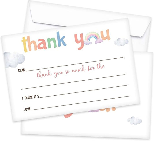 Kids Thank You Card, Rainbow Theme Thank You Notes, Watercolor Cloud Greeting Card With Envelope, Birthday Wedding Graduation Christmas Party Favors Supplies Decor(20 Pcs)-04