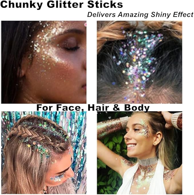 Mysense Green Body Glitter Stick, Christmas Face Hair Glitter, Stocking Stuffers, Festival Rave Outfit for Women, St Patricks Day Accessories, Sparkling Mermaid Sequins Chunky Glitter Makeup, 0.56oz