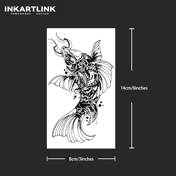 INKARTLINK Tattoo Tech, 2 Sheets Large Semi Permanent Tattoo, Adult Art Design Temporary Tattoos, Lasts 1-2 Weeks, Waterproof, Realistic Look, No Adhesive, No Reflection (Koi Carp Design)