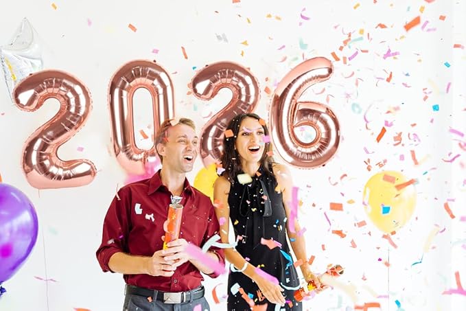 2026 Balloon Numbers - 40 Inch Rose Gold New Years Eve Party Supplies 2026, Nye Decor Party Decorations Happy New Year, New Years Eve Foil Party Balloons