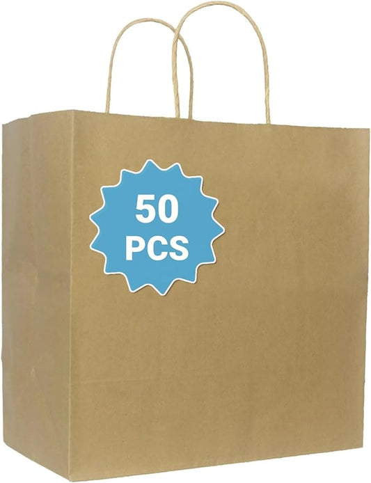 COGLARING 50Pcs Brown Gift Bags with Handles - 11x5.9x11 Inch Kraft Paper Bags for Parties, Weddings, Shopping, Grocery, Takeout & Retail - Bulk Brown Paper Gift Bags
