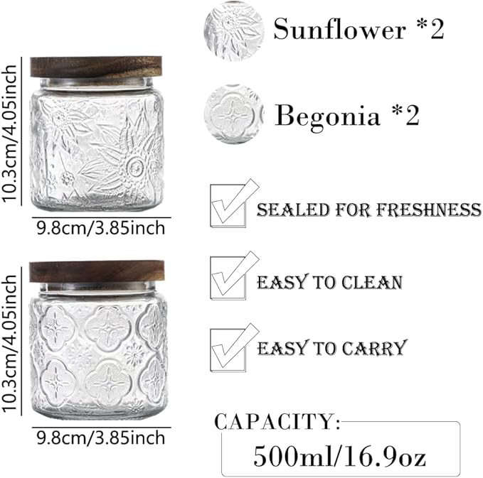 ANSQU 4 Pack Vintage Glass Storage Jar, 16.9 FL OZ Glass Canister Storage Jar Container with Airtight Wooden Lid for Kitchen Counter, Pantry, Coffee, Tea, Sugar, Cookie Jars (Begonia&Sunflower)