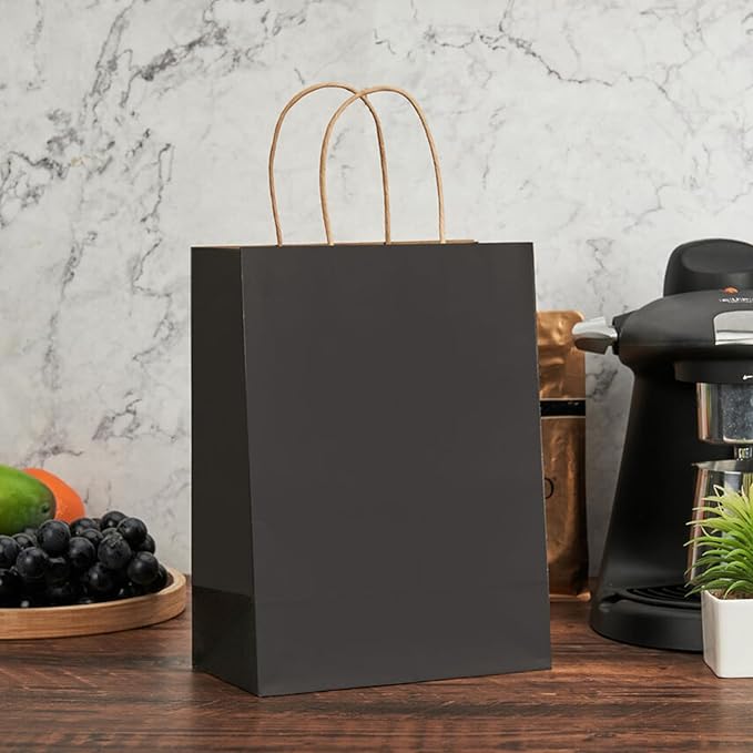 METAPRINT 100 Pcs Paper Gift Bags 8x4.5x10.8 Inch Black Kraft Bag with Handles Bulk for Birthday Wedding Party Favor Bags, Paper Shopping Bags
