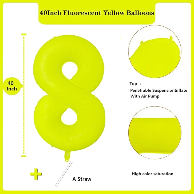 Fluorescent Yellow Number Balloon 40 inch Giant Foil Helium Balloons Yellow Number 8 Balloon for 8th Birthday Party Decorations