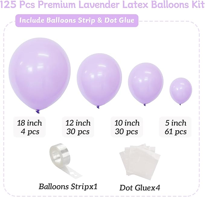 Purple Balloons 125 pcs Lavender Balloons Light Purple Balloon Different Sizes of 18 12 10 5 Inch Pastel Purple Balloon Arch Kit Balloon Garland for Birthday Party Baby Shower Wedding