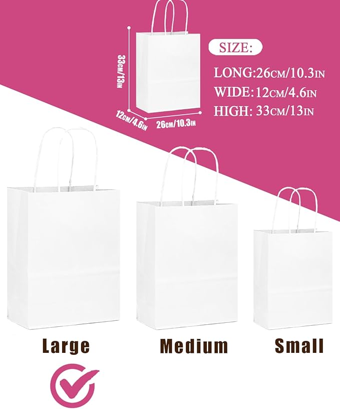 qiqee 30-Packs White Gift Bags with Handles Bulk 13''x5 x10 Large Size Paper Bags Multiple Uses (Large Size)