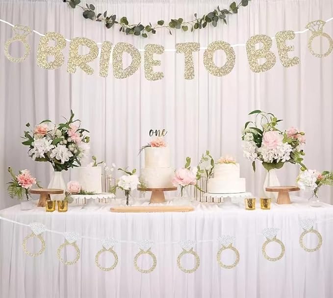 Bride to Be and Diamond Ring Banner Glitter for Bridal Shower Decorations Bachelorette Party Banner for Engagement Wedding Party Decorations(Champagne Gold)