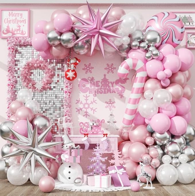 Christmas Balloon Arch Kit, Pink and White Silver Balloons Garland Arch with Double Pearl White Pink Balloons, Candy Cane Windmill Star foil Balloon for Christmas New Year Winter Decorations
