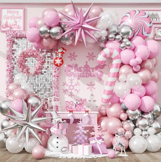 Christmas Balloon Arch Kit, Pink and White Silver Balloons Garland Arch with Double Pearl White Pink Balloons, Candy Cane Windmill Star foil Balloon for Christmas New Year Winter Decorations