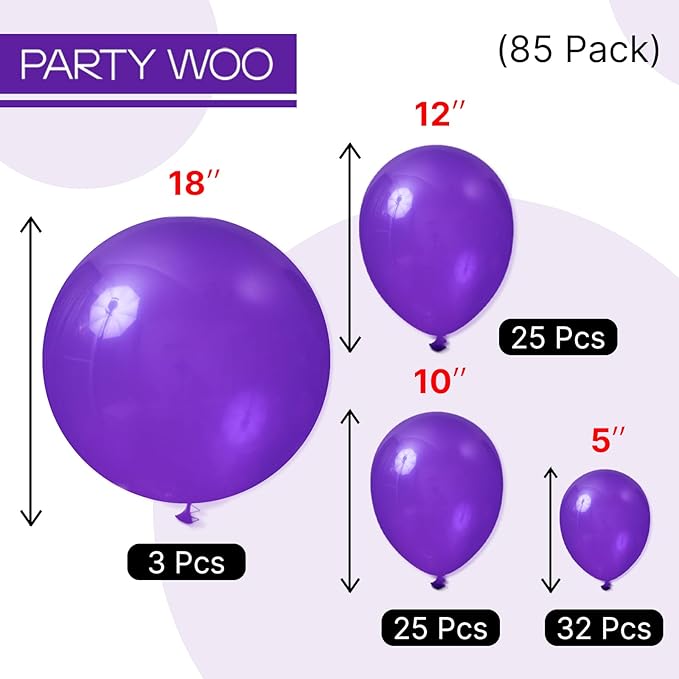 PartyWoo Dark Purple Balloons 85 pcs Different Sizes of 18 12 10 5 Inch Royal Purple Balloon Arch Kit Garland for Graduation Halloween Mardi Gras Baby Shower Birthday Party Decorations Purple-Y16
