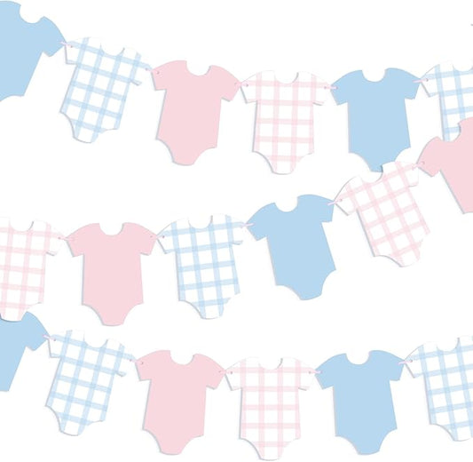 Pre-Strung Boy Bodysuit Decoration Banner, Baby Shower Sign,Blue Jean Baby Shower Decor Bunting Girl Blue & Pink