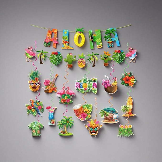 Hawaiian Party Hanging Decorations, Tropical Luau Hanging Swirls with Aloha Flamingo and Palm Tree Signs for Beach Pool Party Birthday Decor