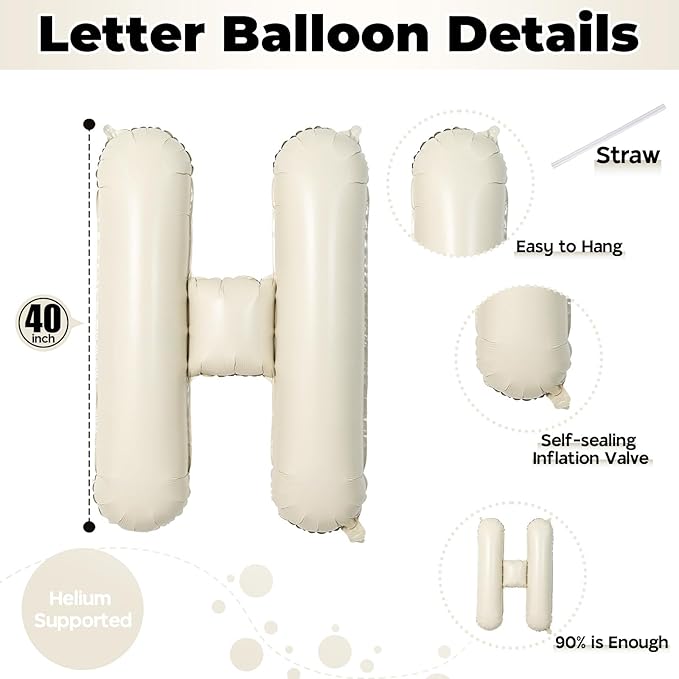 Giant Alphabet H Foil Name Balloons, Cream Ivory White Inflatable Word Balloons H Letters Birthday Decor, 40 Inch Mylar Beige A-Z Custom Letter Balloons for Girls Baby Shower Party Decoration Supplies