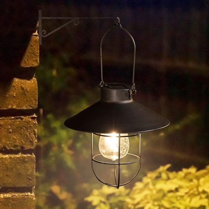 pearlstar Solar Lantern Outdoor 2 Packs Hanging Light Metal Solar Lamp with Warm White Edison Bulb Design for Garden Yard Patio Proch Decor(Black)