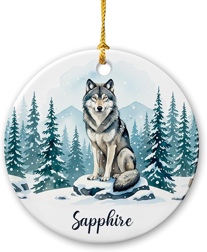 Personalized Wolf Wild Animal Ornament 2025, Winter Animal Keepsake, Gift for Friends Coworkers Him Her, Animals Decoration for Christmas Birthday Holiday, Customized Name Wolf Ceramic Ornament