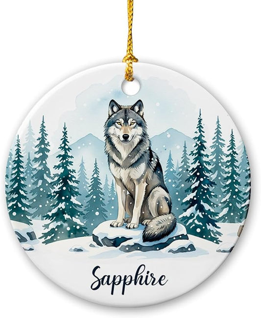Personalized Wolf Wild Animal Ornament 2025, Winter Animal Keepsake, Gift for Friends Coworkers Him Her, Animals Decoration for Christmas Birthday Holiday, Customized Name Wolf Ceramic Ornament