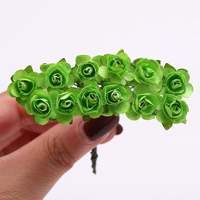 144pcs Mulberry Paper Mini Roses Artificial Flowers Heads with Stems for DIY Crafts Accessories Make Bridal Hair Clips Headbands Dress Wedding Bridal Bouquet Party Home Decor Valentine's (Light Green)