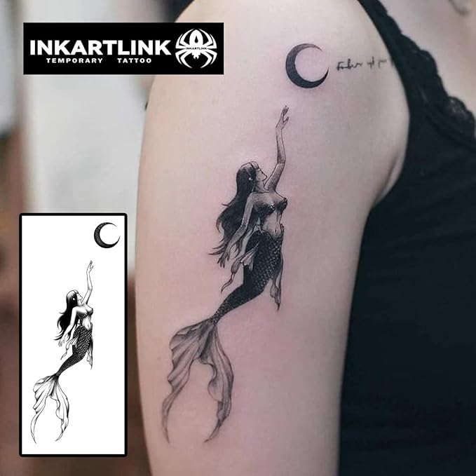 INKARTLINK Temporary Tattoos, 2 Sheets Medium Semi Permanent Tattoo Adult Art Design Waterproof Temp Tattoo Stickers Realistic Look, No Adhesive, Lasts 1-2 Weeks Black (Mermaids)