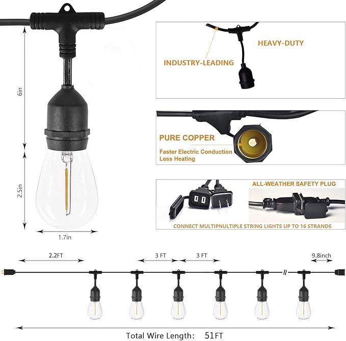 Outdoor String Lights for Outside 48FT with 15+1 2700K LED S14 Shatterproof Bulbs for Patio Back Yard Porch, Linkable