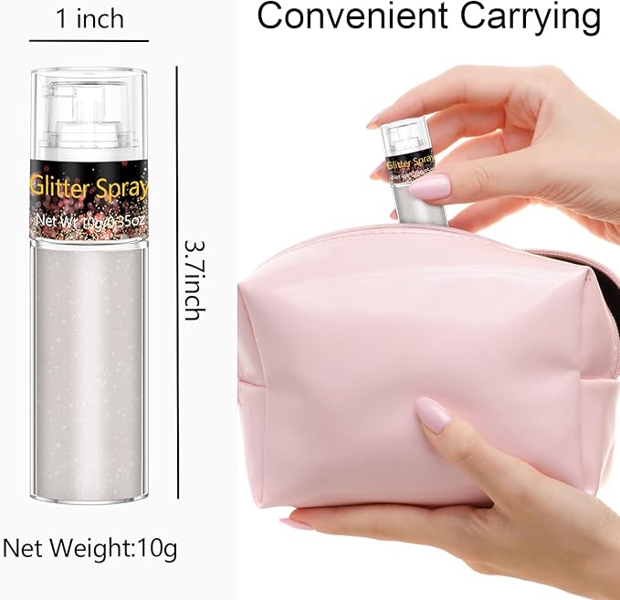 Pearl White Highlighter Glitter Spray 10g, ICY Shimmer Mist for Face, Hair Body, Loose Sparkle Powder for Winter Festival Makeup, Ballet, Cosplay, Prom, DIY Craft Nail Art