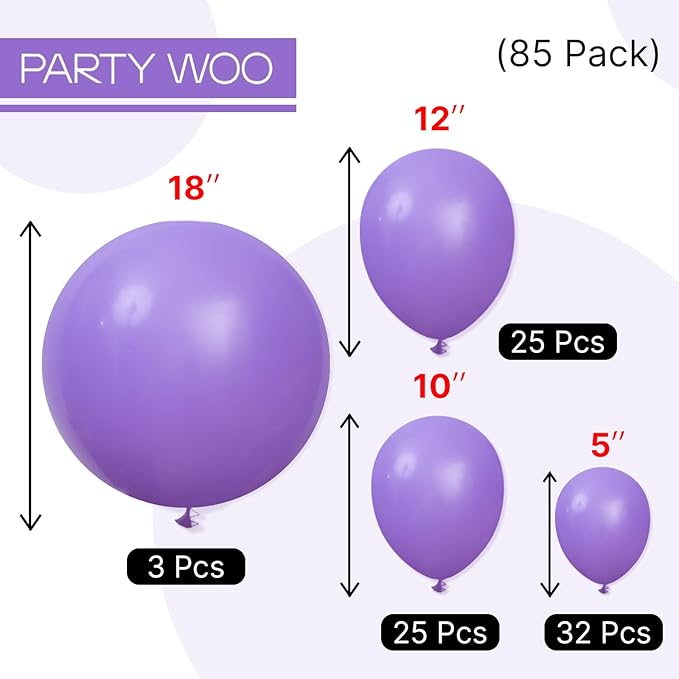 PartyWoo Purple Balloons 85 pcs Different Sizes of 18 12 10 5 Inch Purple Balloon Arch Kit Garland for Birthday Engagement Wedding Bachelorette Bridal Shower Butterfly Party Decorations Purple-Y15