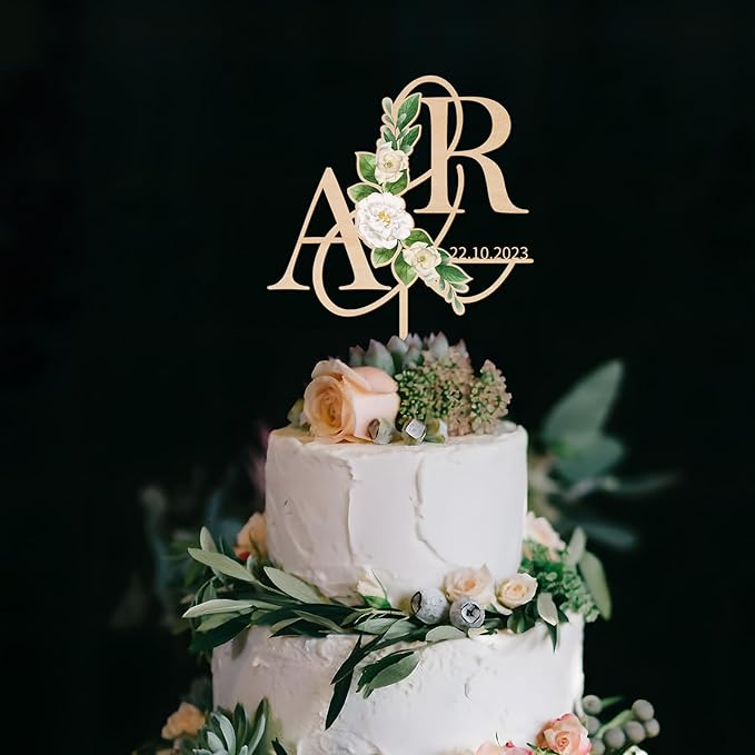 Personalized Wedding Cake Topper in Wood Custom Initials & Date Wedding Cake Decoration Printed with Flowers & Green Leaves