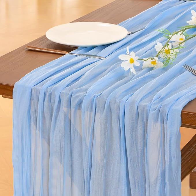 Socomi 3pcs Blue Fall Thanksgiving Cheesecloth Table Runner Boho Rustic Gauze 120 inch 10FT Cheese Cloth Runner for Wedding Party Baby Shower Birthday Home Decor Holiday Decorations